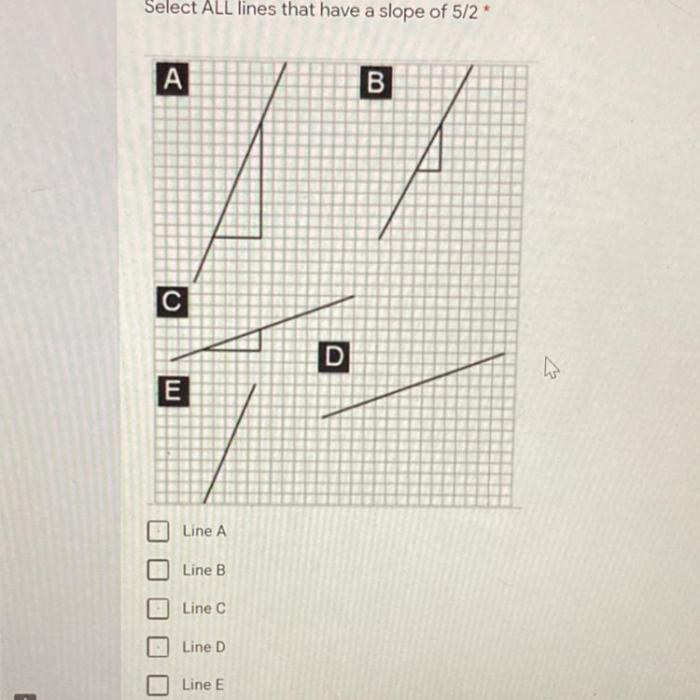 Select all the lines that have a slope of 5/2